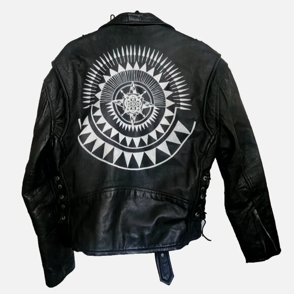 VTG Heavy Leather Custom Painted Motorcycle Jacket Tribal Yin-Yang Mandala 44 L - Picture 3 of 15